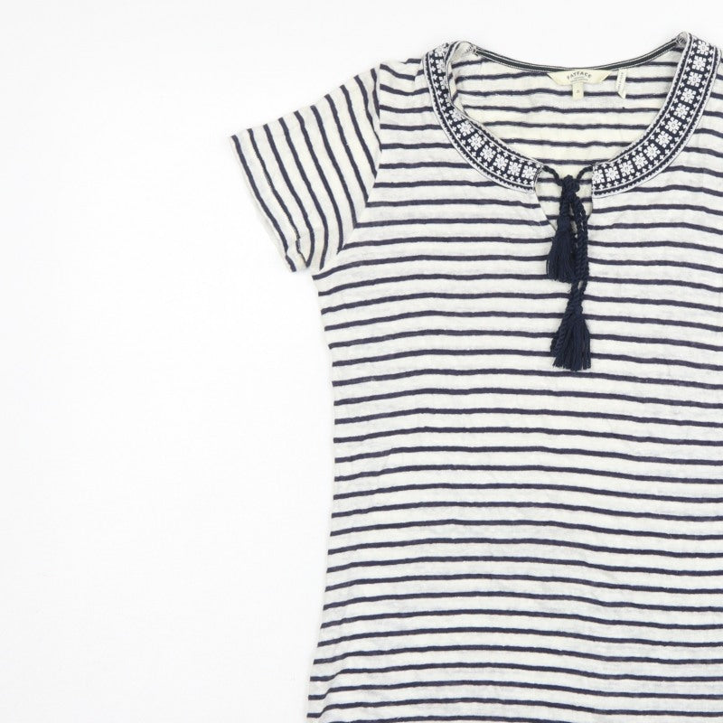 FatFace Women’s Blue White Stripe Linen Tassel Tunic T-Shirt UK 6