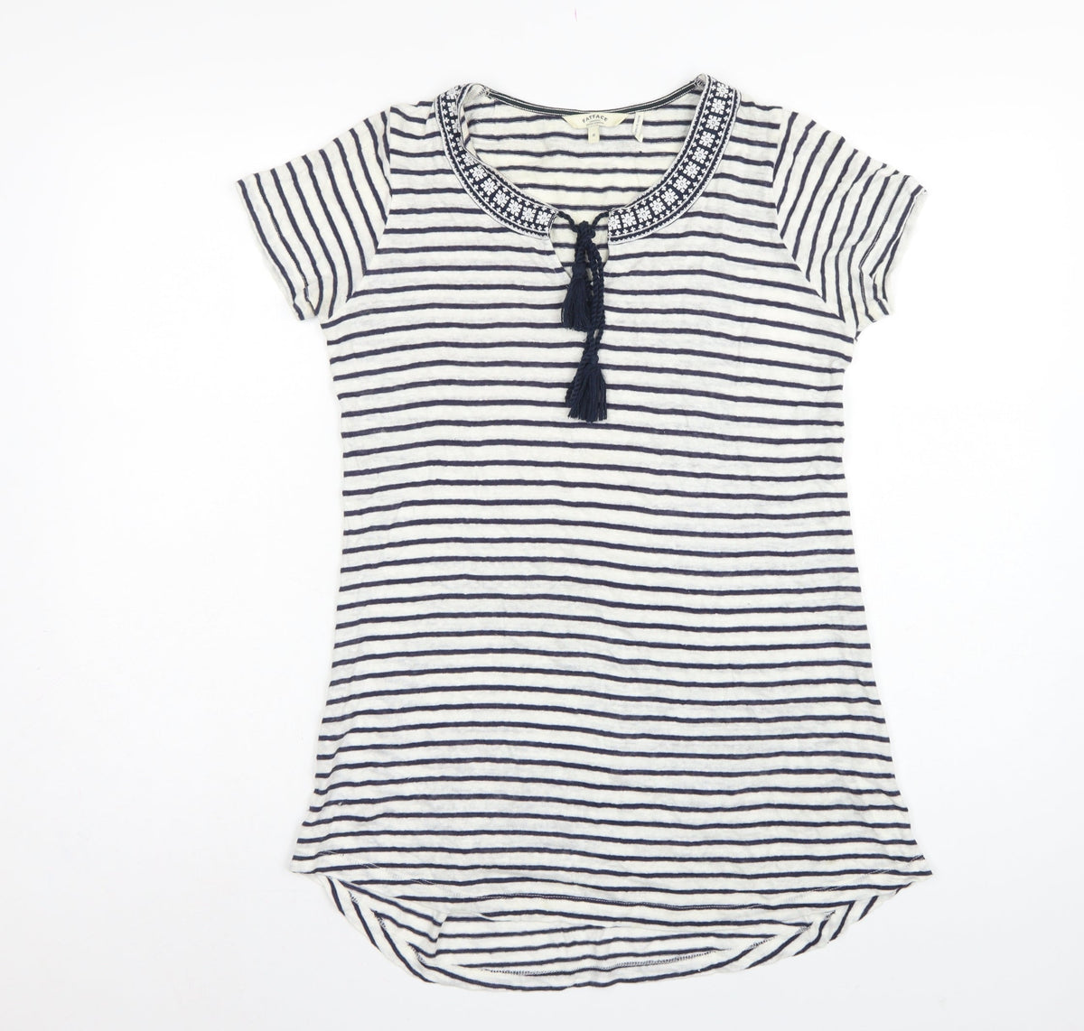 FatFace Women’s Blue White Stripe Linen Tassel Tunic T-Shirt UK 6