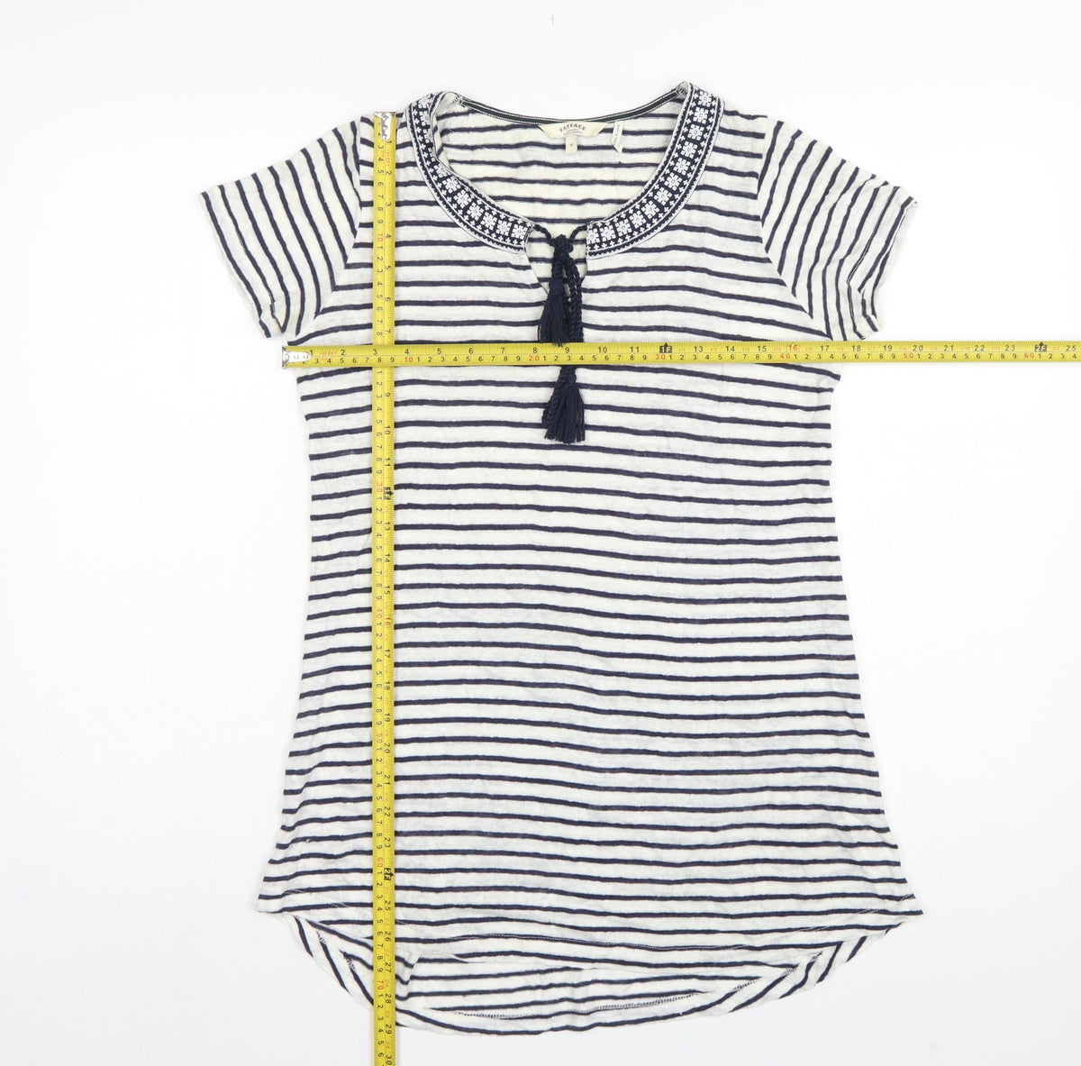 FatFace Women’s Blue White Stripe Linen Tassel Tunic T-Shirt UK 6