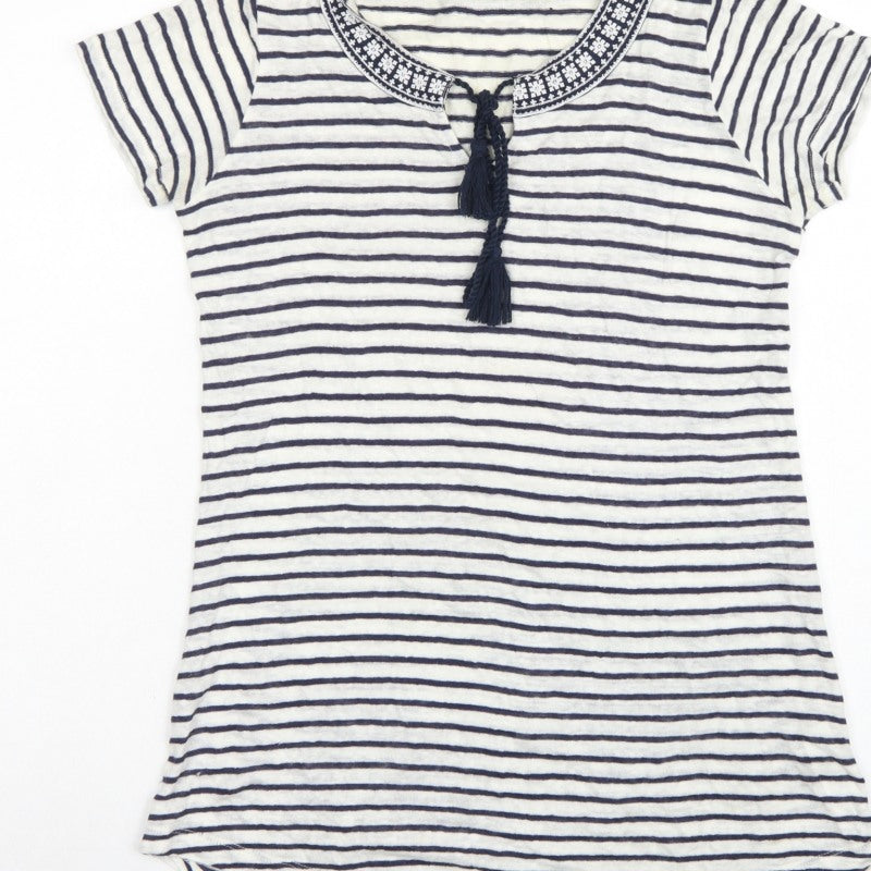 FatFace Women’s Blue White Stripe Linen Tassel Tunic T-Shirt UK 6