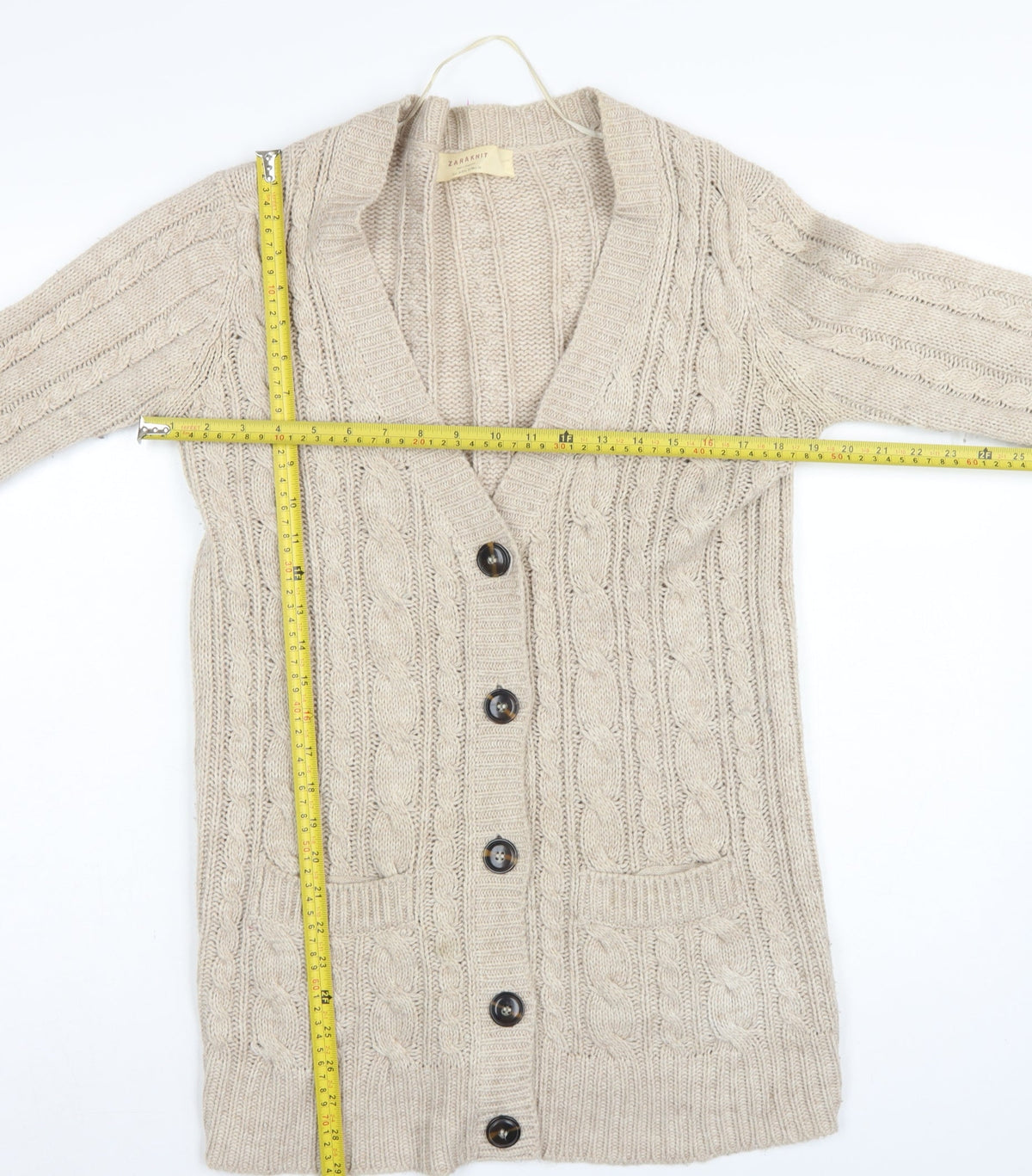 Zara Knit Women’s Beige UK 8 Cable Knit V-Neck Longline Cardigan