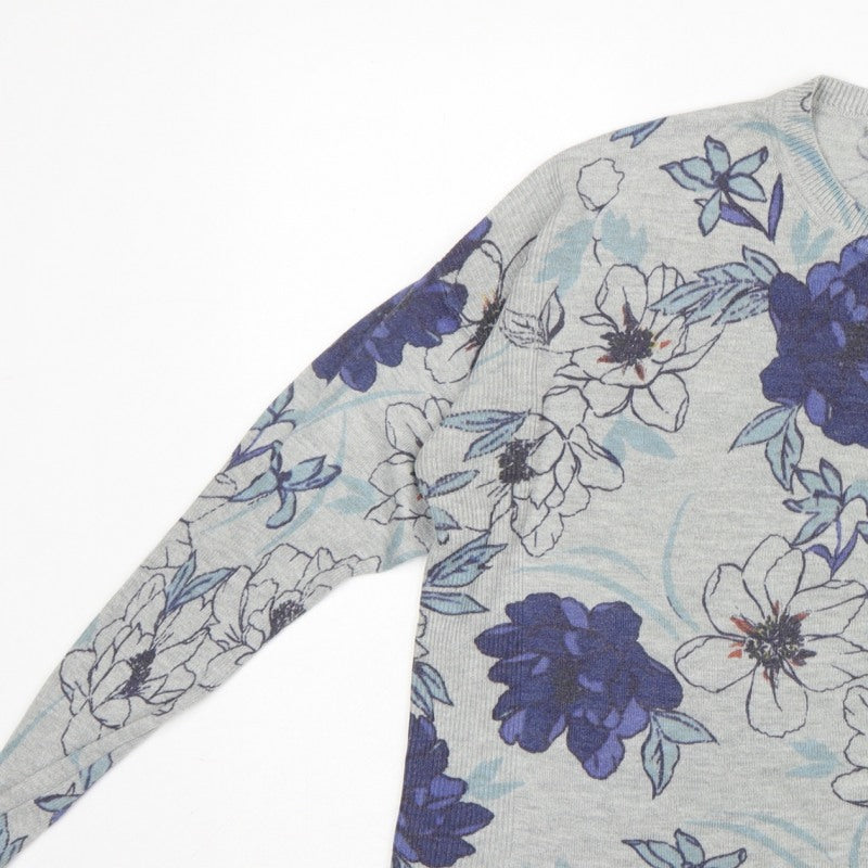 M&S Women Grey Floral Knit Jumper UK 16 Long Sleeve Round Neck