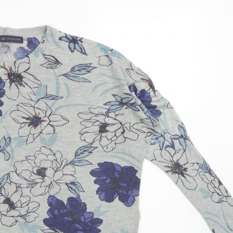 M&S Women Grey Floral Knit Jumper UK 16 Long Sleeve Round Neck