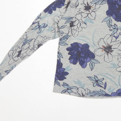 M&S Women Grey Floral Knit Jumper UK 16 Long Sleeve Round Neck