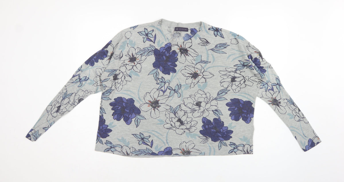 M&S Women Grey Floral Knit Jumper UK 16 Long Sleeve Round Neck