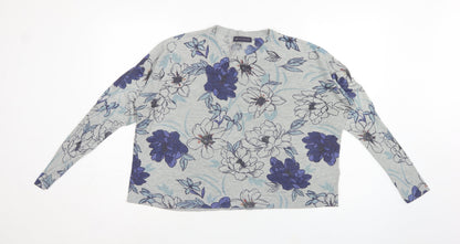 M&S Women Grey Floral Knit Jumper UK 16 Long Sleeve Round Neck