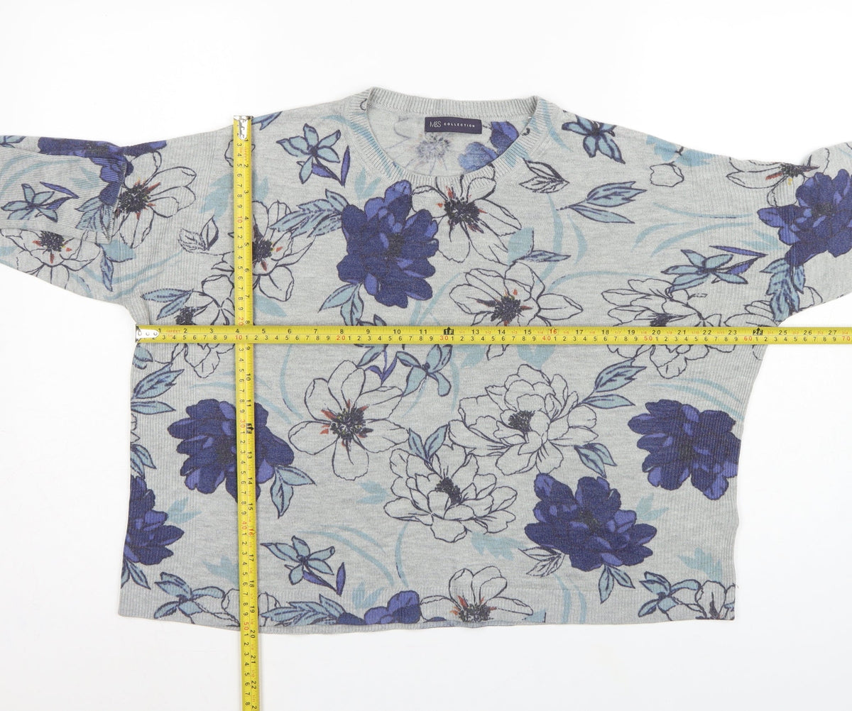 M&S Women Grey Floral Knit Jumper UK 16 Long Sleeve Round Neck