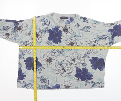 M&S Women Grey Floral Knit Jumper UK 16 Long Sleeve Round Neck