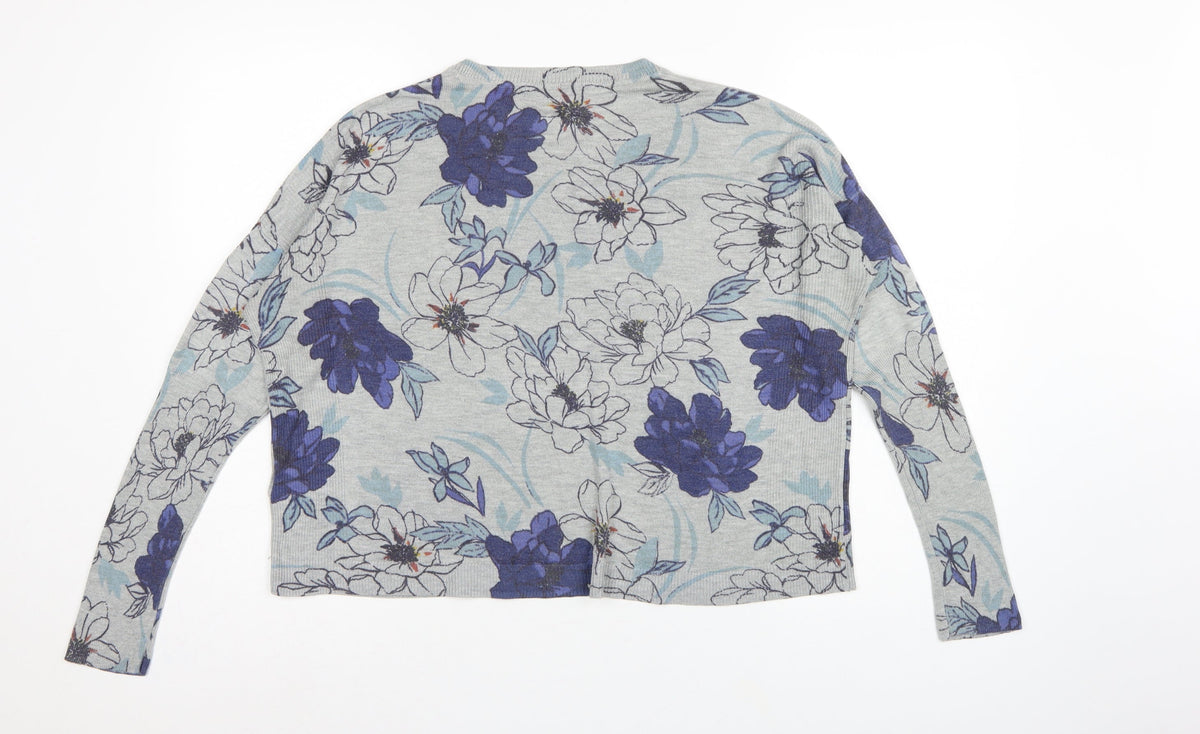 M&S Women Grey Floral Knit Jumper UK 16 Long Sleeve Round Neck