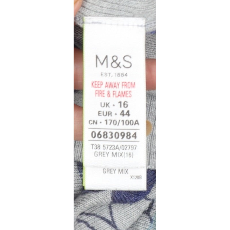 M&S Women Grey Floral Knit Jumper UK 16 Long Sleeve Round Neck