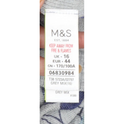 M&S Women Grey Floral Knit Jumper UK 16 Long Sleeve Round Neck