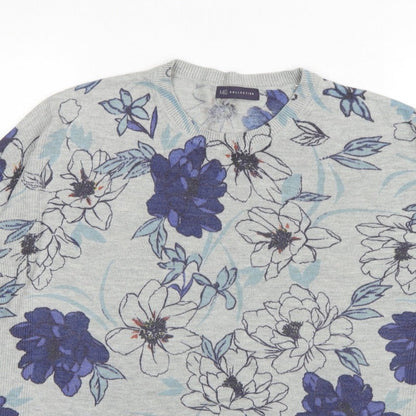 M&S Women Grey Floral Knit Jumper UK 16 Long Sleeve Round Neck