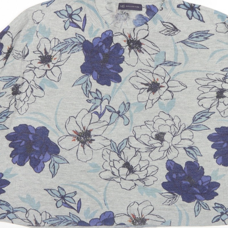 M&S Women Grey Floral Knit Jumper UK 16 Long Sleeve Round Neck
