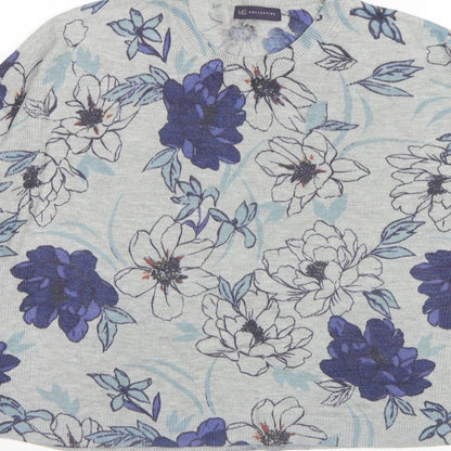 M&S Women Grey Floral Knit Jumper UK 16 Long Sleeve Round Neck