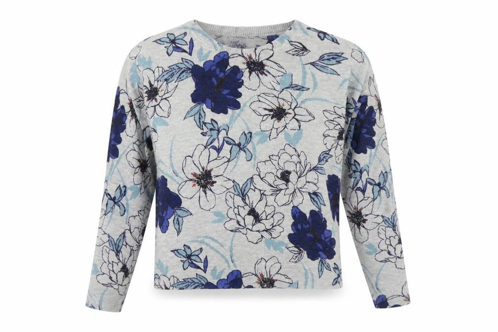 M&S Women Grey Floral Knit Jumper UK 16 Long Sleeve Round Neck