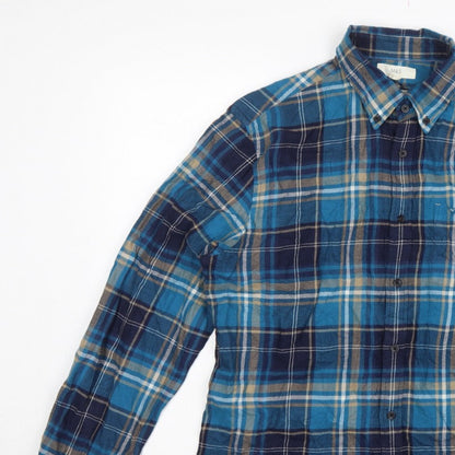 Marks and Spencer Men Blue Plaid Cotton Button-Down Shirt L