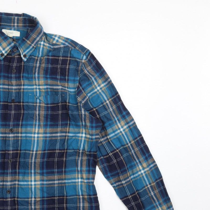 Marks and Spencer Men Blue Plaid Cotton Button-Down Shirt L