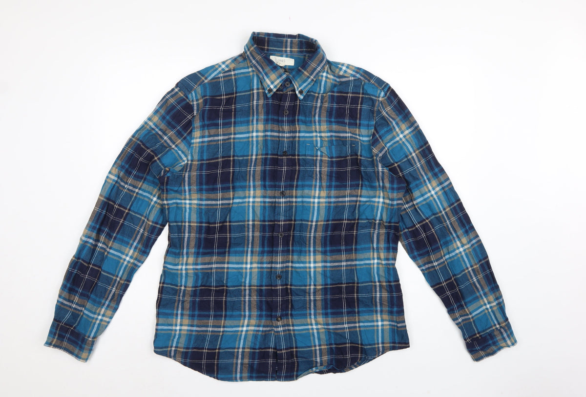 Marks and Spencer Men Blue Plaid Cotton Button-Down Shirt L