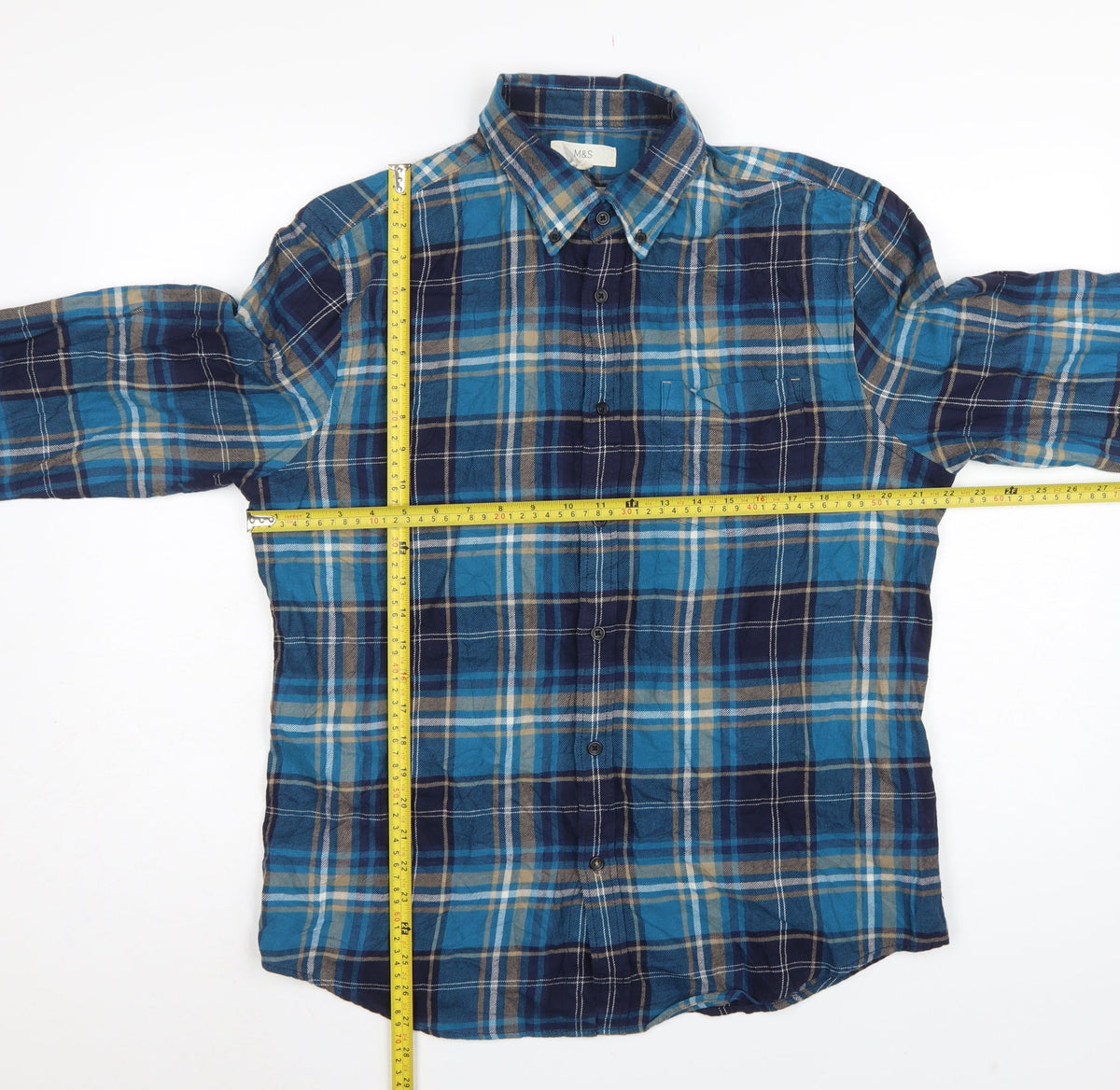 Marks and Spencer Men Blue Plaid Cotton Button-Down Shirt L
