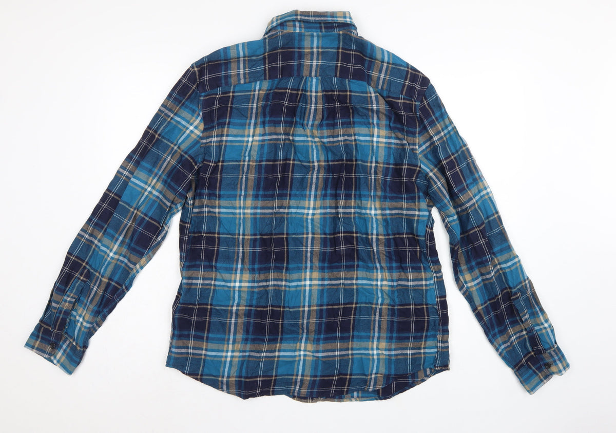 Marks and Spencer Men Blue Plaid Cotton Button-Down Shirt L