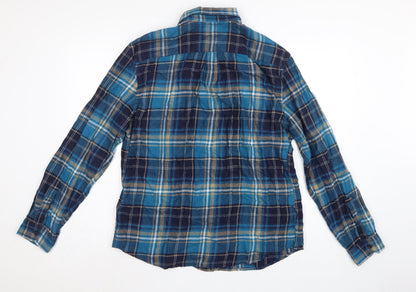 Marks and Spencer Men Blue Plaid Cotton Button-Down Shirt L
