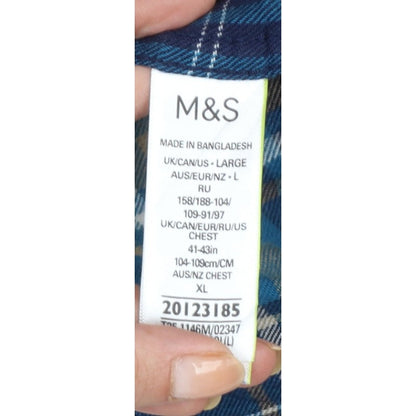 Marks and Spencer Men Blue Plaid Cotton Button-Down Shirt L