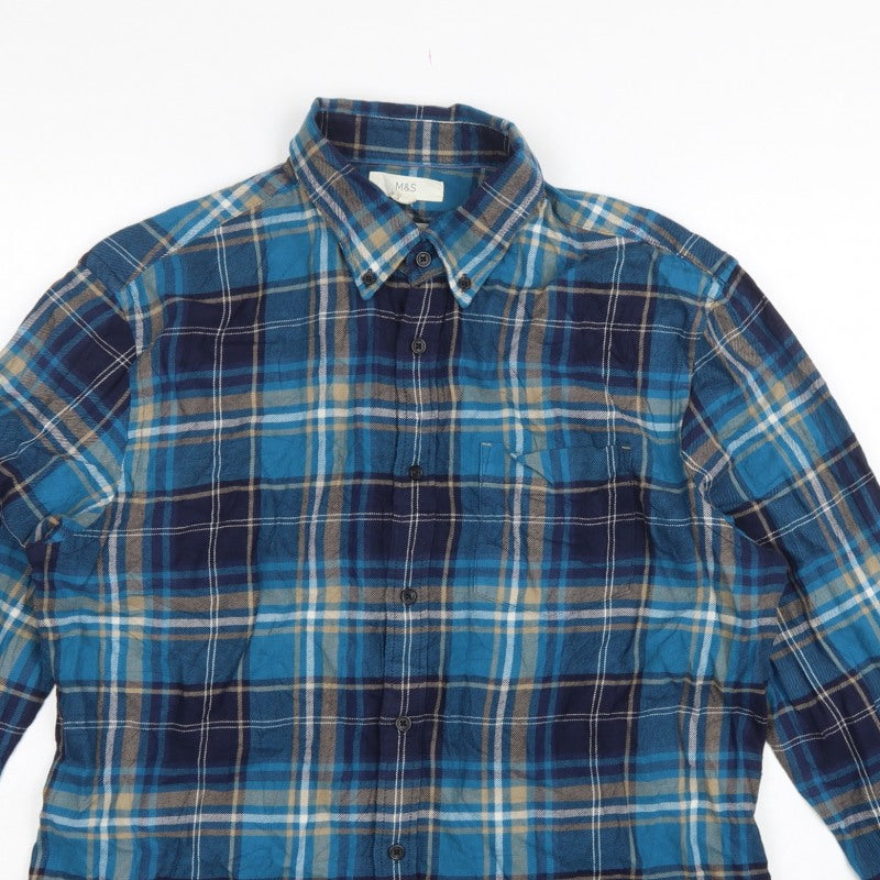 Marks and Spencer Men Blue Plaid Cotton Button-Down Shirt L