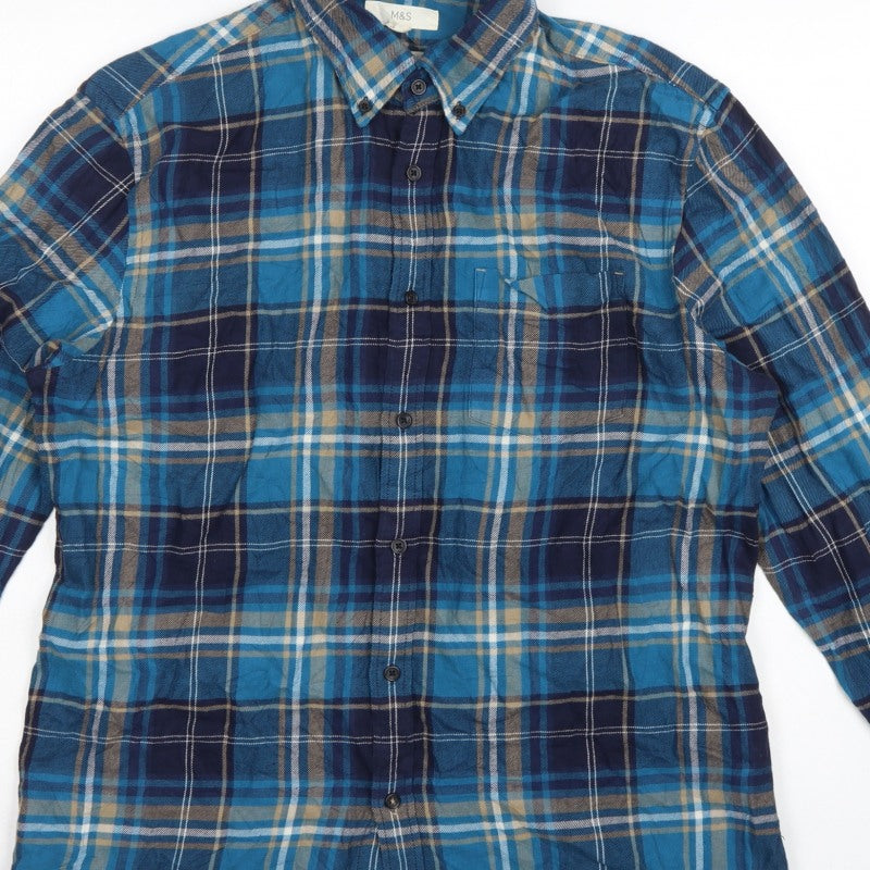 Marks and Spencer Men Blue Plaid Cotton Button-Down Shirt L