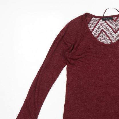 Zara Women Red S Geometric Crochet Sheer Long Sleeve Scoop Neck Top