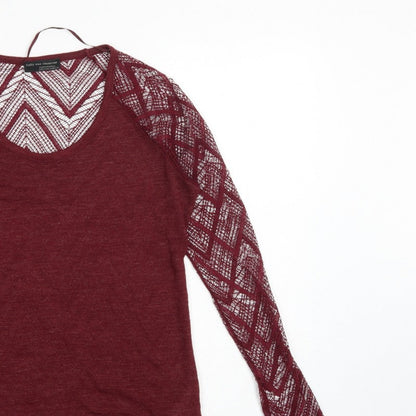 Zara Women Red S Geometric Crochet Sheer Long Sleeve Scoop Neck Top