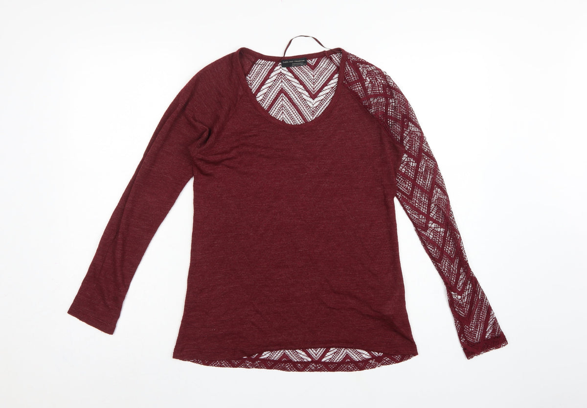Zara Women Red S Geometric Crochet Sheer Long Sleeve Scoop Neck Top