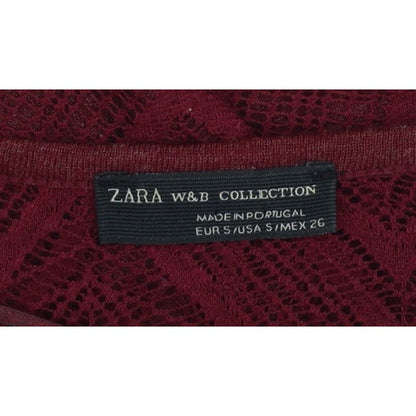 Zara Women Red S Geometric Crochet Sheer Long Sleeve Scoop Neck Top