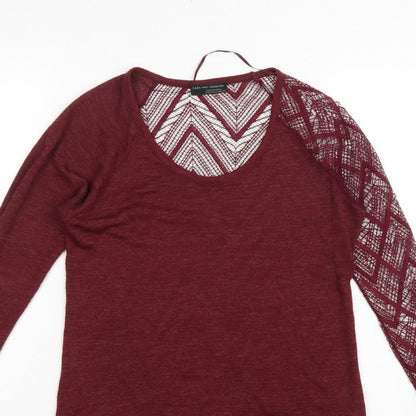 Zara Women Red S Geometric Crochet Sheer Long Sleeve Scoop Neck Top