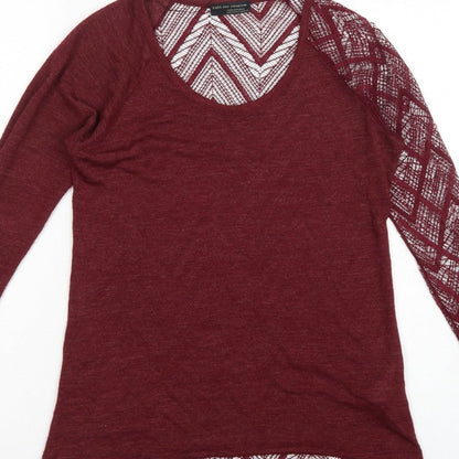 Zara Women Red S Geometric Crochet Sheer Long Sleeve Scoop Neck Top