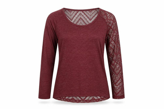 Zara Women Red S Geometric Crochet Sheer Long Sleeve Scoop Neck Top