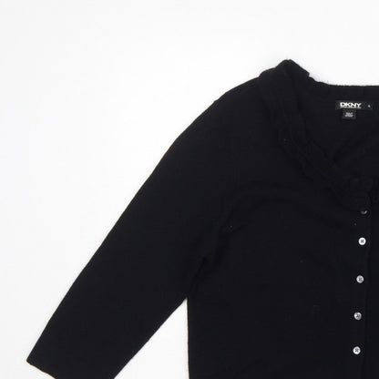 DKNY Women’s Black XL Ruffle V-Neck Lambswool Cashmere Cardigan