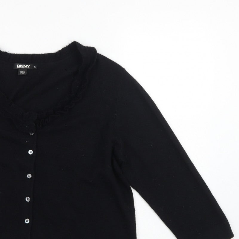 DKNY Women’s Black XL Ruffle V-Neck Lambswool Cashmere Cardigan