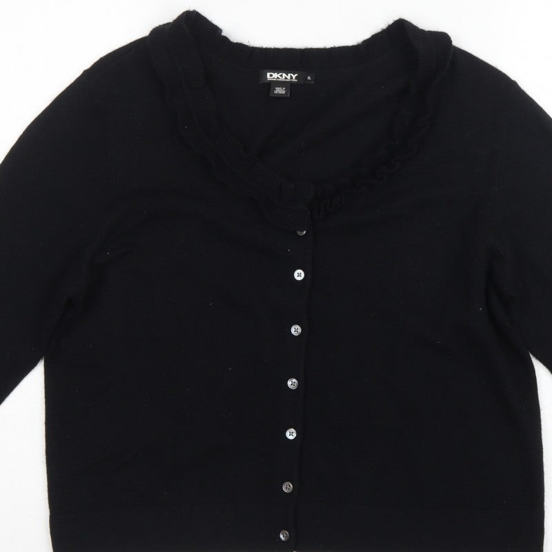 DKNY Women’s Black XL Ruffle V-Neck Lambswool Cashmere Cardigan