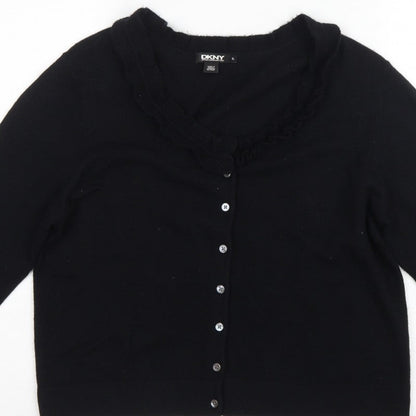 DKNY Women’s Black XL Ruffle V-Neck Lambswool Cashmere Cardigan