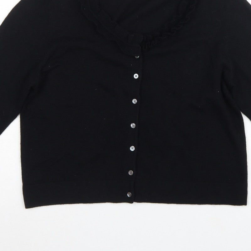 DKNY Women’s Black XL Ruffle V-Neck Lambswool Cashmere Cardigan