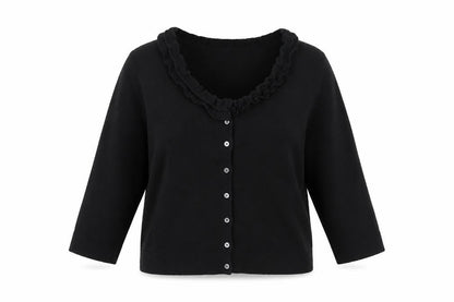 DKNY Women’s Black XL Ruffle V-Neck Lambswool Cashmere Cardigan