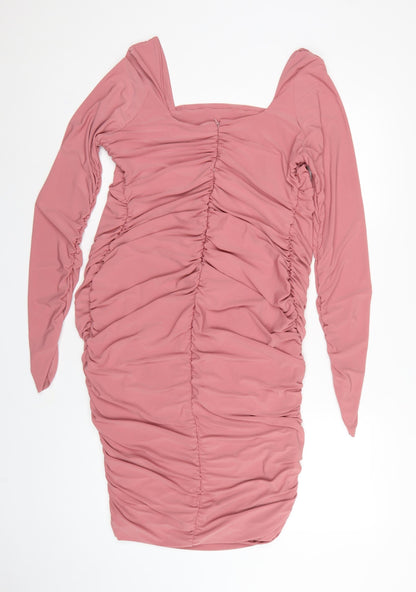 Club L London Women Pink UK 16 Ruched Bodycon Knee Dress