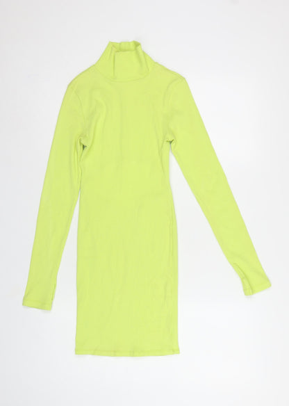 Collusion Women Yellow UK 8 Bodycon Ribbed Backless Mock Neck Dress