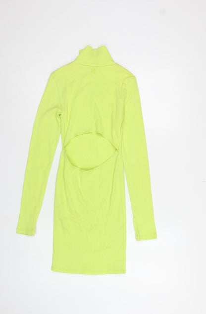 Collusion Women Yellow UK 8 Bodycon Ribbed Backless Mock Neck Dress