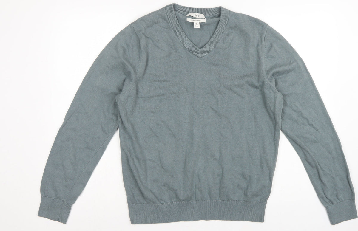 Marks and Spencer Men’s Grey M V-Neck Pure Cotton Pullover Jumper