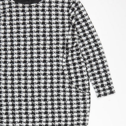 Wallis Women Black White Houndstooth Shift Dress UK 16 Long Sleeve