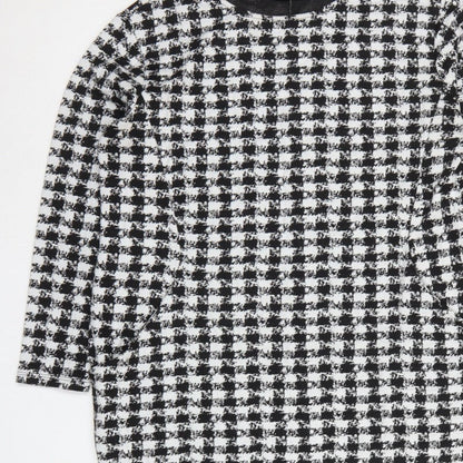 Wallis Women Black White Houndstooth Shift Dress UK 16 Long Sleeve