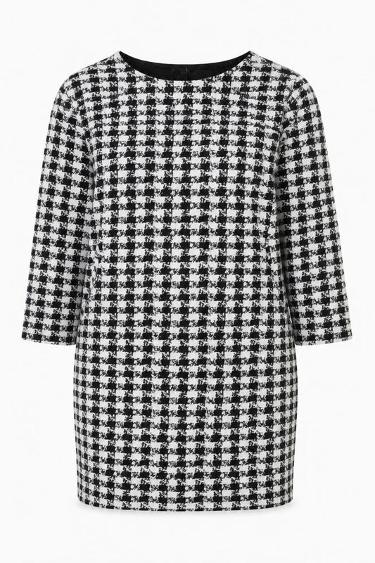 Wallis Women Black White Houndstooth Shift Dress UK 16 Long Sleeve