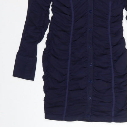 Zara Women Blue M Ruched Mesh Long Sleeve Shirt Dress