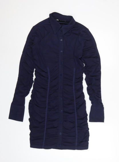 Zara Women Blue M Ruched Mesh Long Sleeve Shirt Dress